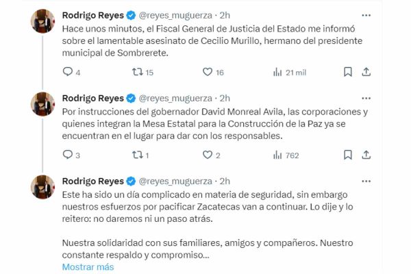 Secretario de Gobierno de Zacatecas confirma asesinato de Cirilo Murillo