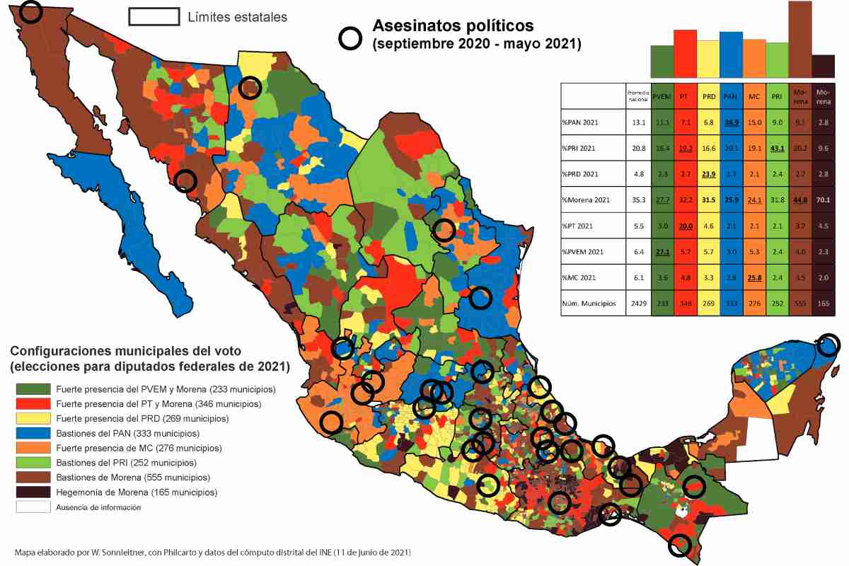 Mapa con la distribución de los asesinatos políticos, de septiembre de 2020 a mayo de 2021.