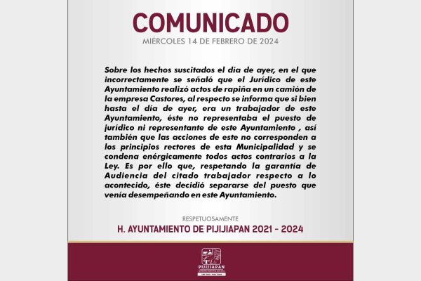 Comunicado del del Ayuntamiento de Pijijiapan, Chiapas.