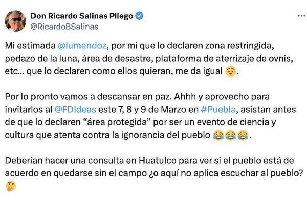 Mensaje de Ricardo Salinas Pliego sobre el decreto que declara área natural protegida su campo de golf en Huatulco, Oaxaca.