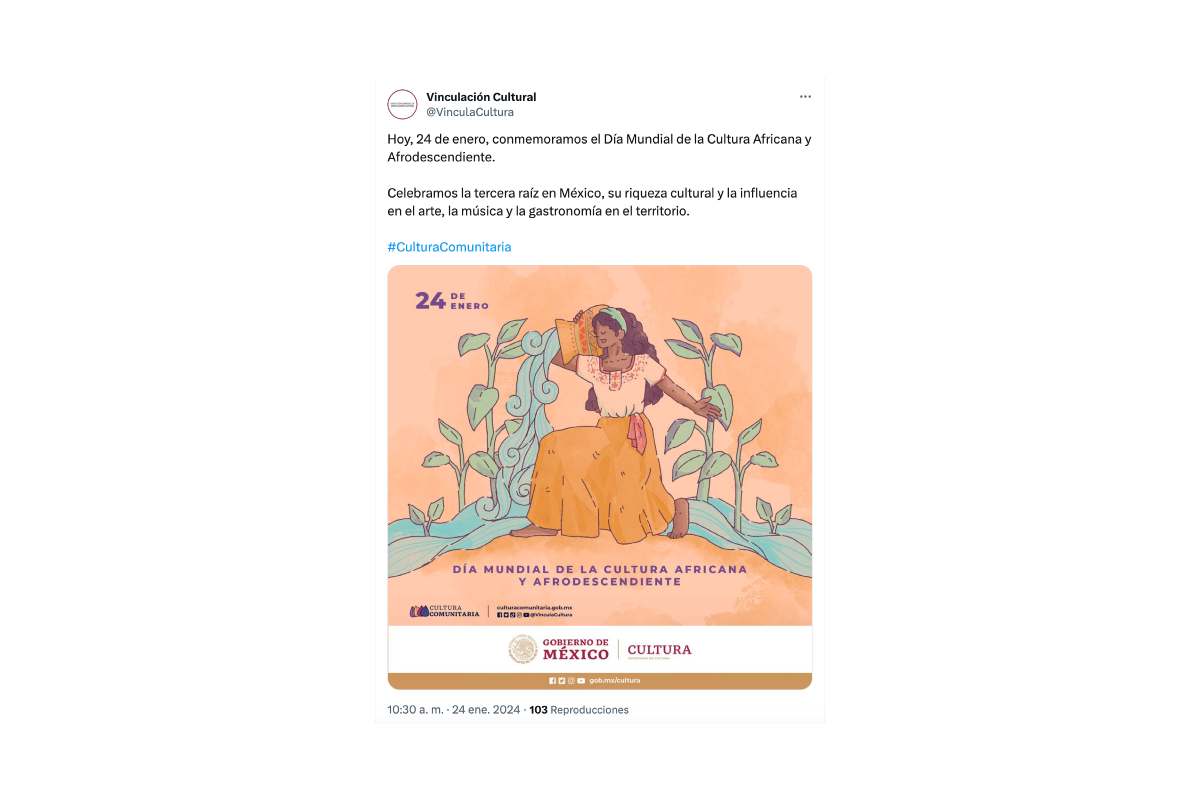 Tuit de Vinculación Cultural sobre el día Día Mundial de la Cultura Africana y de los Afrodescendientes 