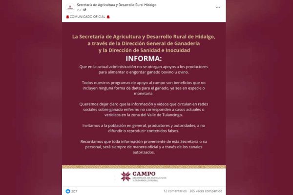 Saderh emite comunicado sobre videos que circulan en redes sobre presuntos animales enfermos en Hidalgo. Foto: Facebook @AgriculturaHgo