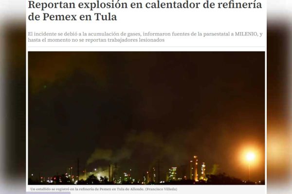 Captura de pantalla de Milenio donde informa sobre estallido en calentador de la refinería de Tula, el 26 de octubre de 2020