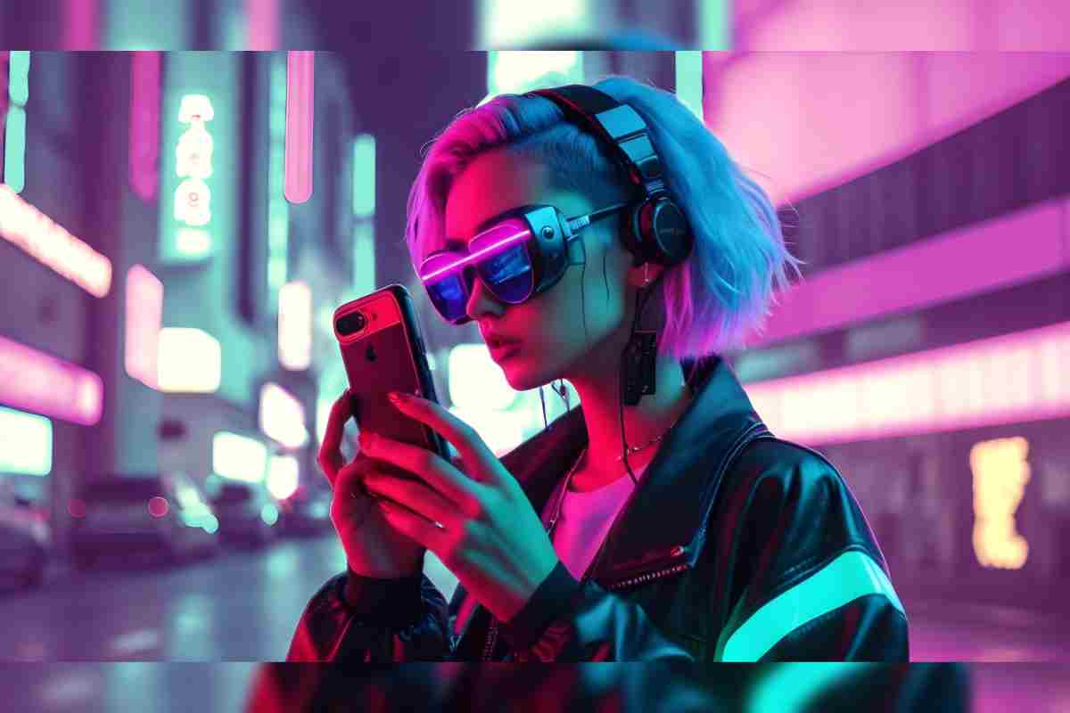 Joven en la calle usando un celular y lentes con tecnología de última generación.