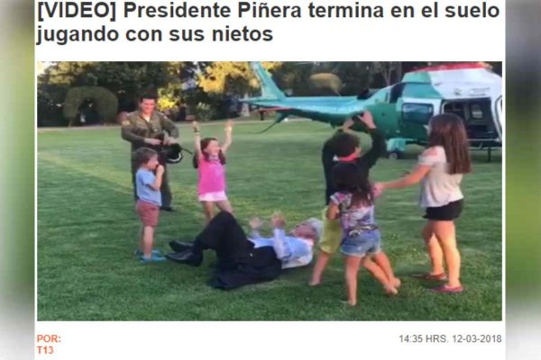 Captura de pantalla del medio T13 que informa la convivencia de Sebastián Piñera con sus nietos, el 12 de marzo de 2018 