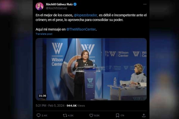 Xóchitl Gálvez ofrece discurso en el Centro Wilson, en Washington, el 5 de febrero de 2024.