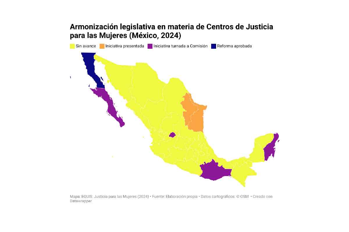 Mapa con los congresos estatales que han armonizado sus leyes sobre Centros de Justicia para Mujeres.