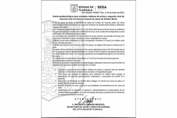 Declaratoria de emergencia epidemiológica en Tlaxcala por aumento de casos de síndrome de Guillain Barré.