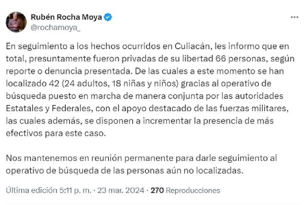 Ruben Rocha secuestrados Culiacan