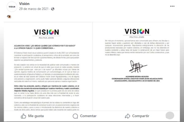 Comunicado emitido por Colectivo Visión Joven sobre video que cuestiona al Gobierno Federal, en marzo de 2021