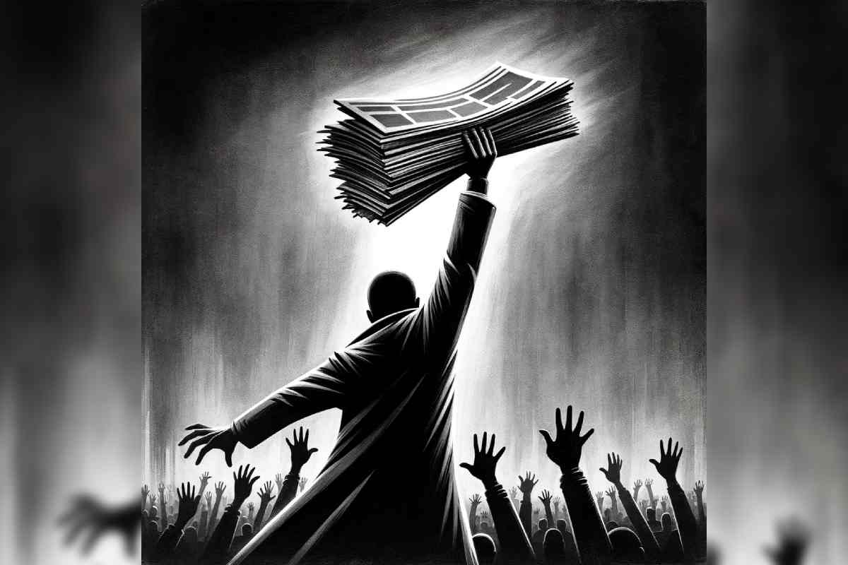 Imagen generada con IA en la que se ve a una persona sosteniendo periódicos en la mano derecha alzada, para que el resto de las personas no puedan acceder a ellos.