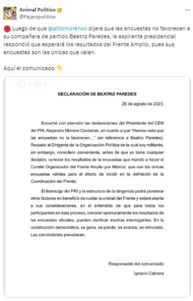 Comunicado sobre resultados de encuesta que no favorecen a Beatriz Paredes