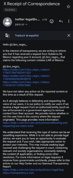 Imagen del mensaje de X (Twitter) a @Libro_negro_.