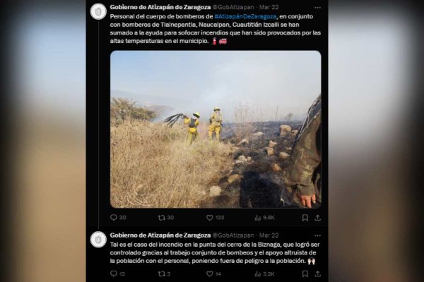 Bomberos sofocan incendio en Atizapán de Zaragoza, el 22 de marzo de 2024. Foto: X @GobAtizapan 