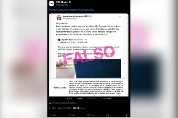 INE califica como desinformación el video que supuestamente muestra fraude electoral, en mayo de 2023. Foto: X @INEMexico