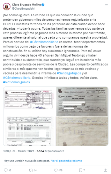 Tuit de Clara Brugada sobre compra de casa en Iztapalapa