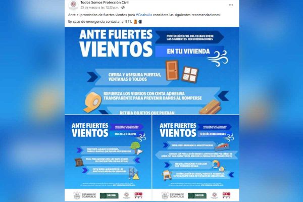 Protección Civil emite recomendaciones ante fuertes vientos en Coahuila el 25 de marzo. Foto: Facebook @PCcoahuila