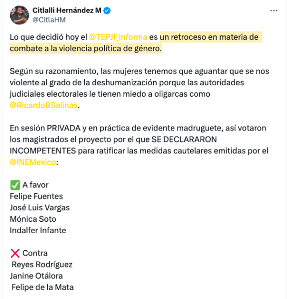 ¿Por qué el TEPJF determinó que no había violencia política de género en la denuncia de Citlali Hernández contra Salinas Pliego?