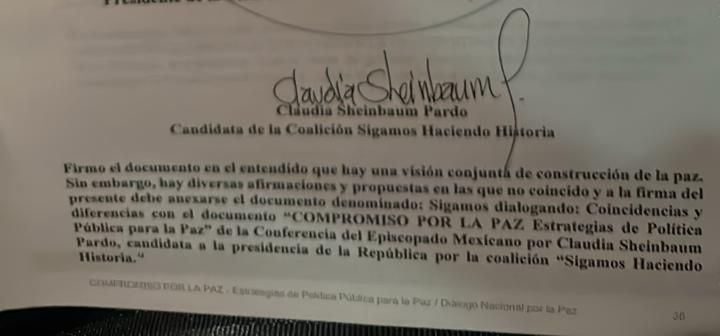La firma de Sheinbaum en los Compromisos por la paz