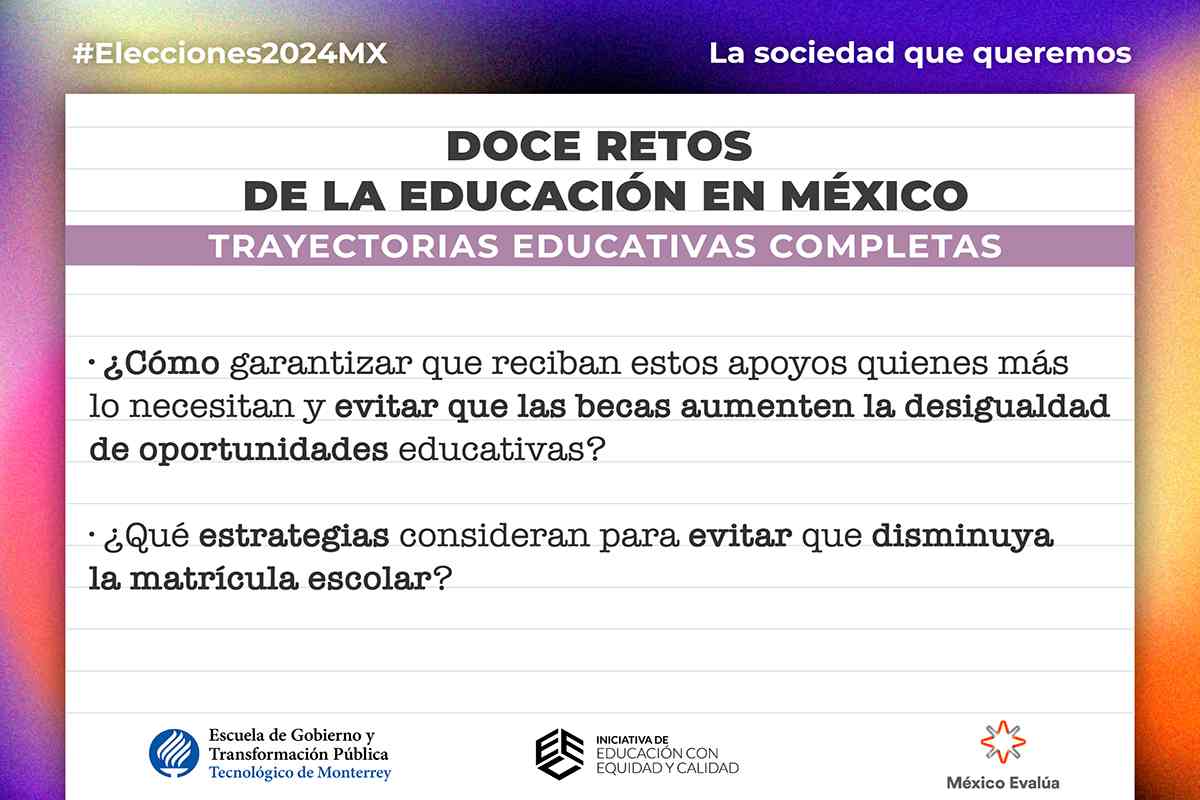 Tabla con los 12 retos de la educación en México, planeada por el proyecto Aprender Parejo, de México Evalúa y la Iniciativa de Educación con Equidad y Calidad del Tec de Monterrey.