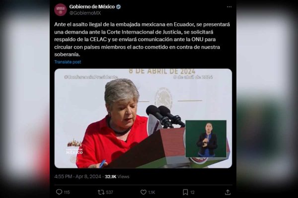 La canciller Alicia Bárcena anuncia acciones de México ante asalto a Embajada en Quito. Foto: X @GobiernoMX