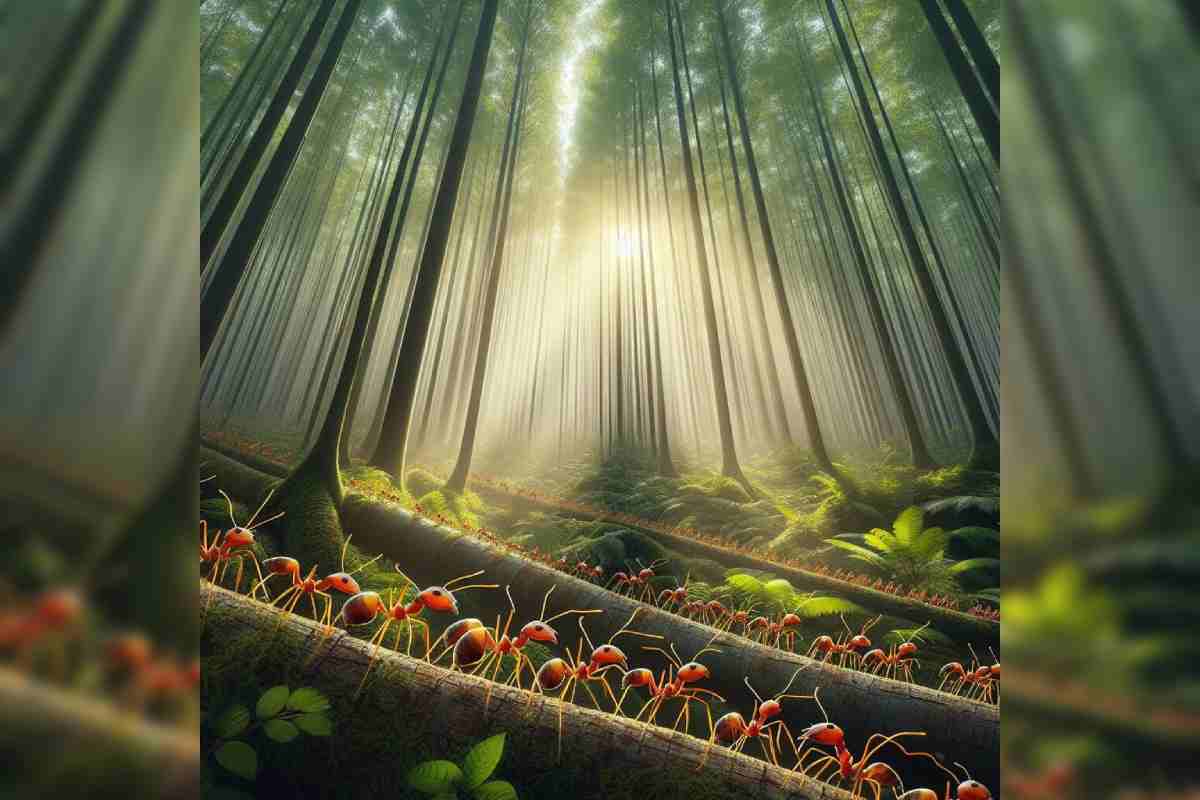 Hormigas caminan sobre las raíces de un árbol enorme. Imagen generada por Inteligencia Artificial.
