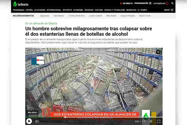 Captura de pantalla del medio La Sexta sobre colapso en almacén en Rusia en noviembre de 2021