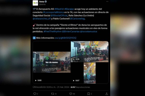 Aena ofrece detalles sobre concierto en T4 del Aeropuerto AS Madrid-Barajas, el 21 de marzo de 2024. Foto: X @aena