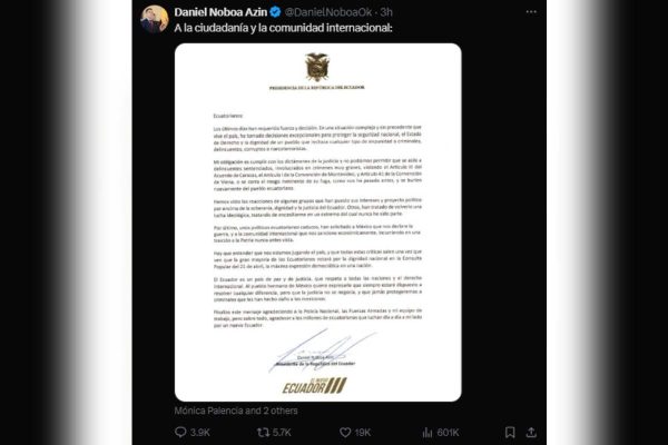 Daniel Noboa emite comunicado sobre situación entre México y Ecuador. Foto: X @DanielNoboaOk