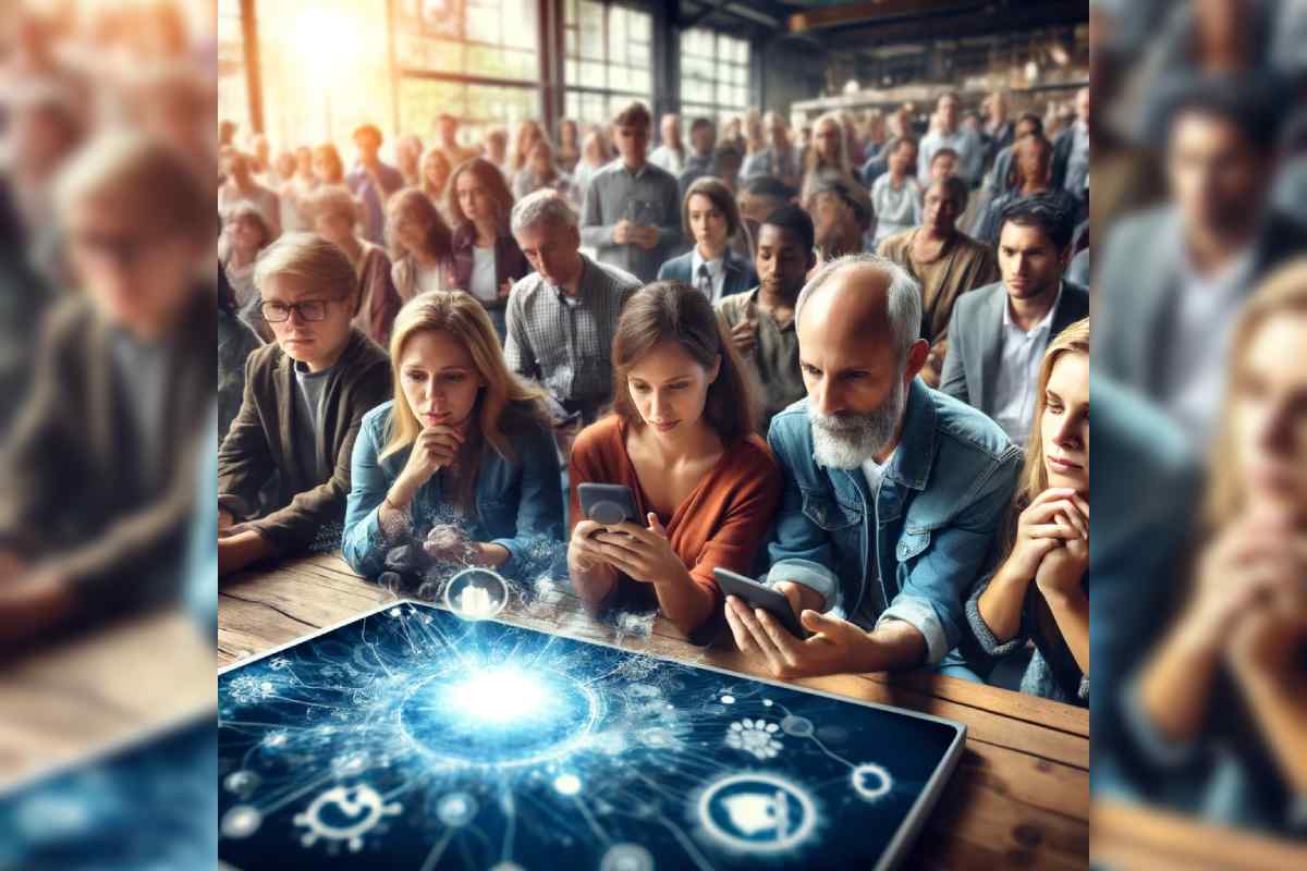 Imagen creada con inteligencia artificial que representa a un grupo de personas alrededor de una mesa central con un tablero en donde se están tomando decisiones.