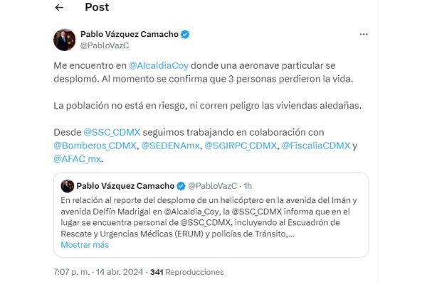 Pablo Vázquez confirmó que hay tres muertos tras desplome de aeronave en Coyoacán 