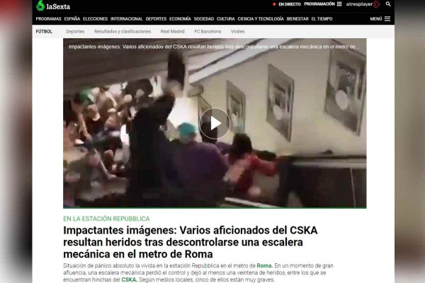 Captura de pantalla de La Sexta que informa sobre falla en escalera mecánica en Roma, en 2018 