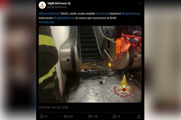 Cuerpo de bomberos italiano informa sobre incidente en estación del metro Repubblica, en 2018. Foto: X @vigilidelfuoco