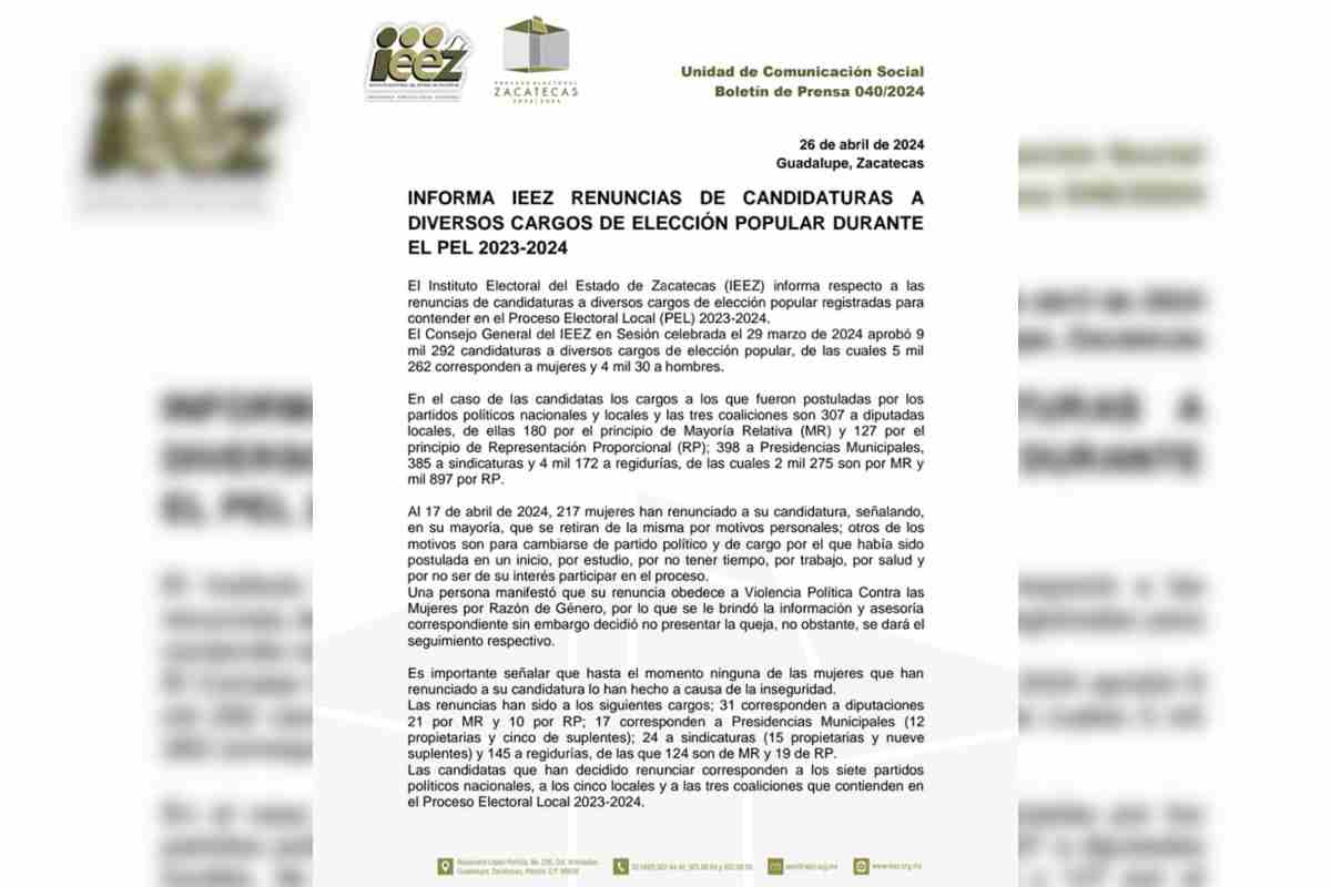 Comunicado del Instituto Electoral en Zacatecas. Foto: Captura de pantalla 