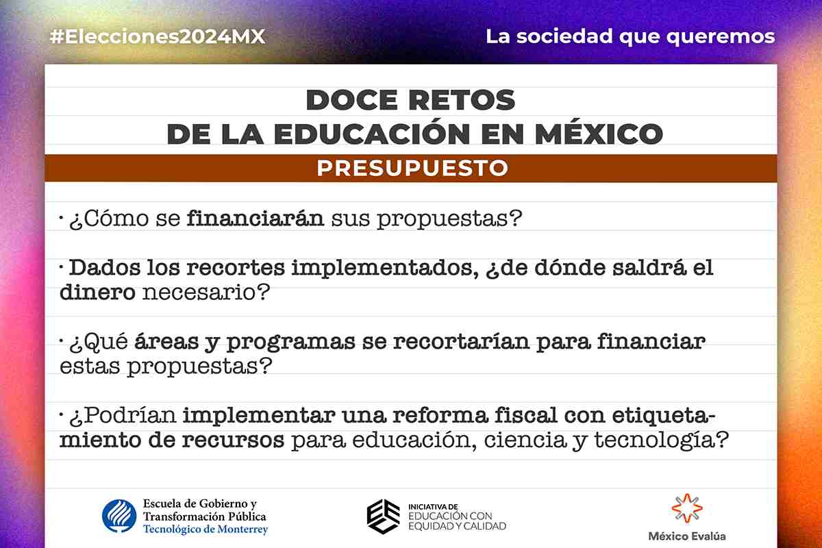 Tabla con los 12 retos de la educación en México, planeada por el proyecto Aprender Parejo, de México Evalúa y la Iniciativa de Educación con Equidad y Calidad del Tec de Monterrey.