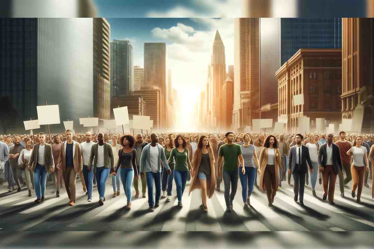 Imagen generada con IA, que representa a diversas personas de diferentes etnias y edades avanzando juntas en una calle de la ciudad, simbolizando su esfuerzo colectivo en la conquista de sus derechos.