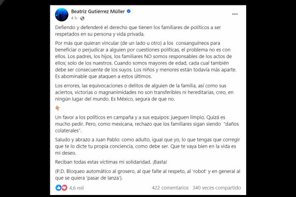 Beatriz Gutiérrez criticó el uso político que se le dio a un video del hijo de Xóchitl Gálvez