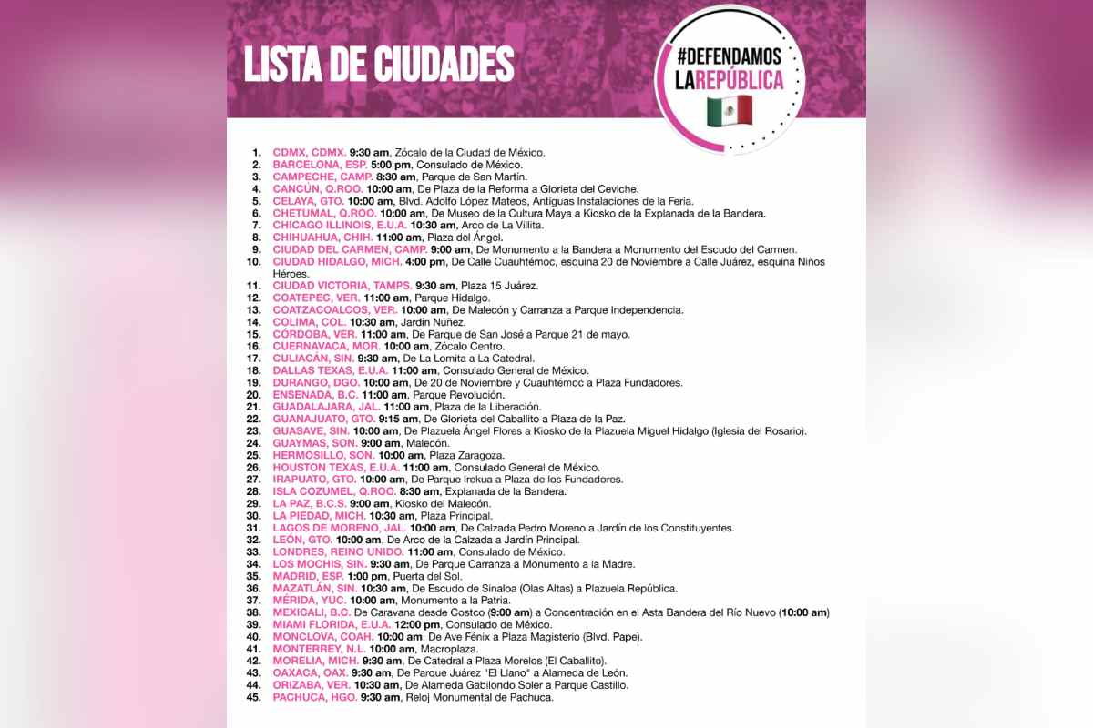 Horarios de marcha de la marea rosa en distintas ciudades. Foto: Captura de pantalla