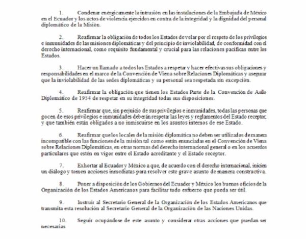 En redes sociales afirman que la OEA sancionó a México por “dar asilo a delincuentes”, pero en realidad condenaron la intrusión de Ecuador en las instalaciones de la Embajada de México.