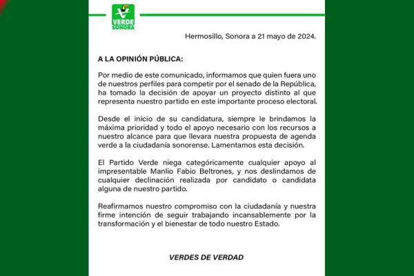 Partido Verde niega apoyo a Beltrones 