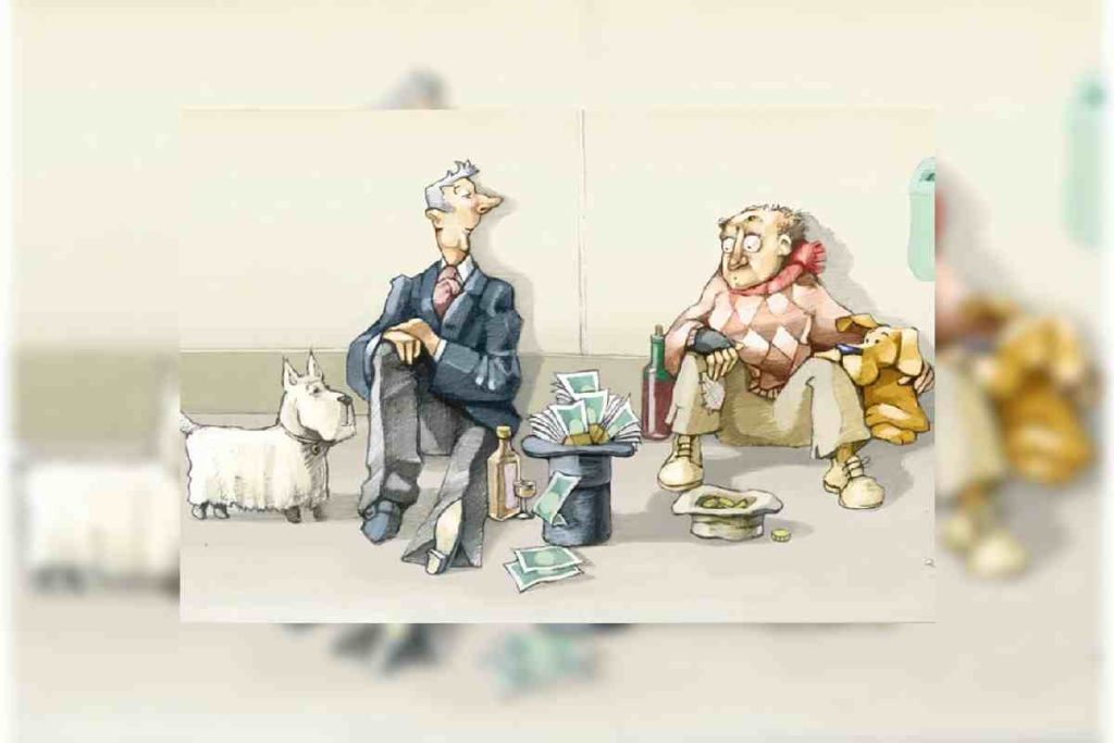 Imagen de un hombre con riquezas sentado al lado, en el suelo, de un hombre sin recursos y que vive en la calle.