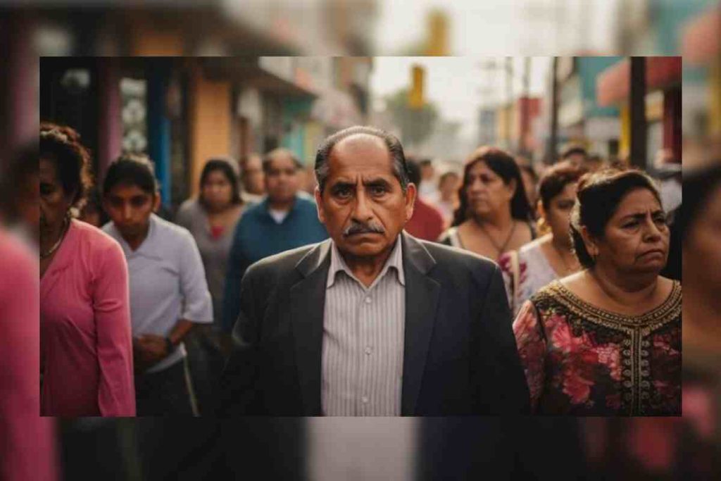 Imagen de una persona, hombre, en medio de una multitud, con cara de. preoocupación.