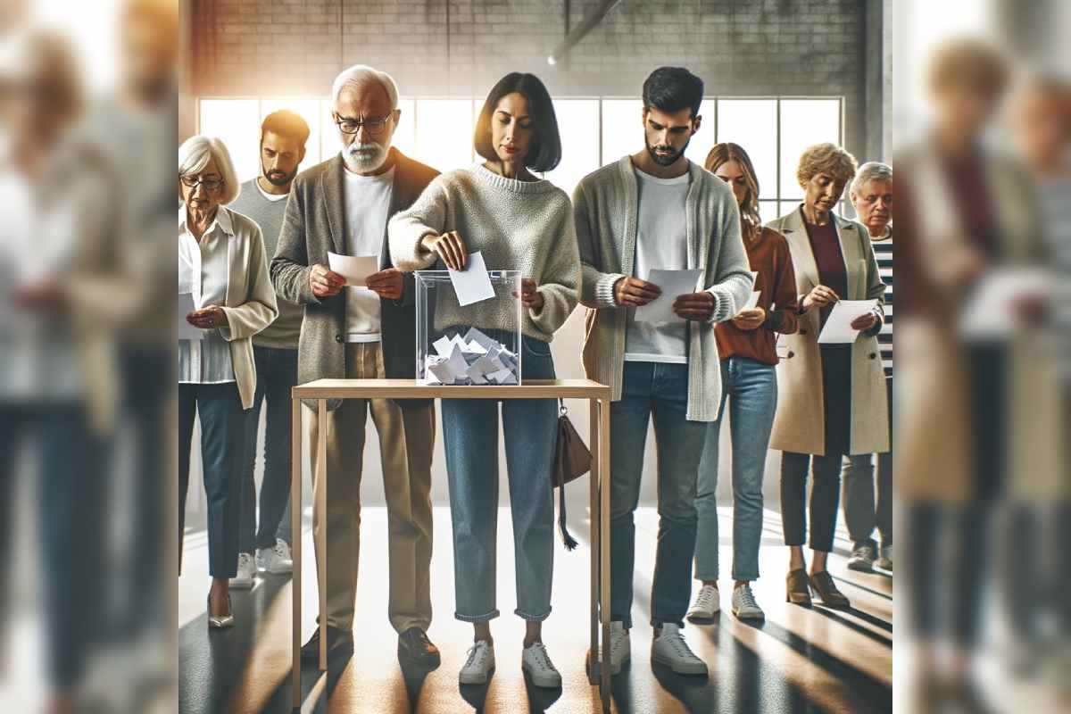 Imagen generada por Inteligencia Artificial que simboliza un grupo diverso de personas emitiendo sus votos en un ambiente electoral moderno y esperanzador, simbolizando una democracia vibrante e inclusiva.