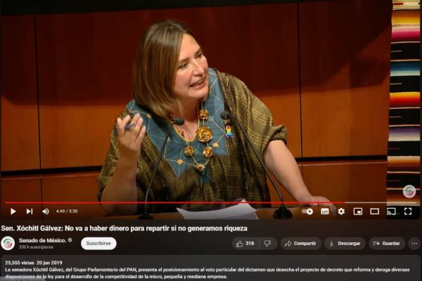 Posicionamiento de Xóchitl Gálvez sobre Ley de la Micro, Pequeña y Mediana Empresa, en junio de 2019. Foto: YouTube @senadomexico