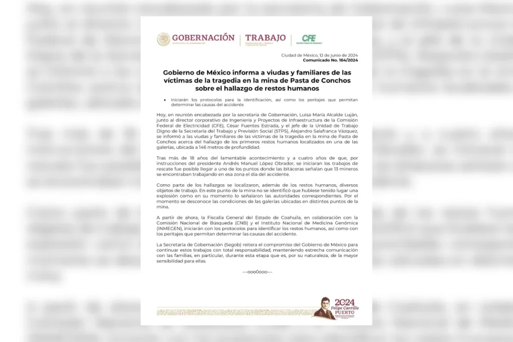 Comunicado Pasta de Conchos donde se realiza el rescate de los cuerpos de los mineros