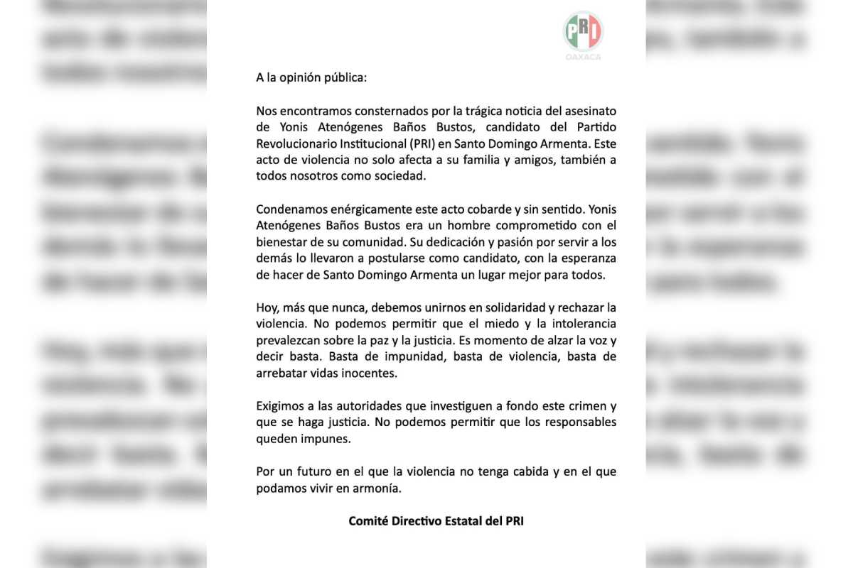 Comunicado del PRI sobre el asesinato del candiato al ayuntamiento de Santo Domingo Armenta