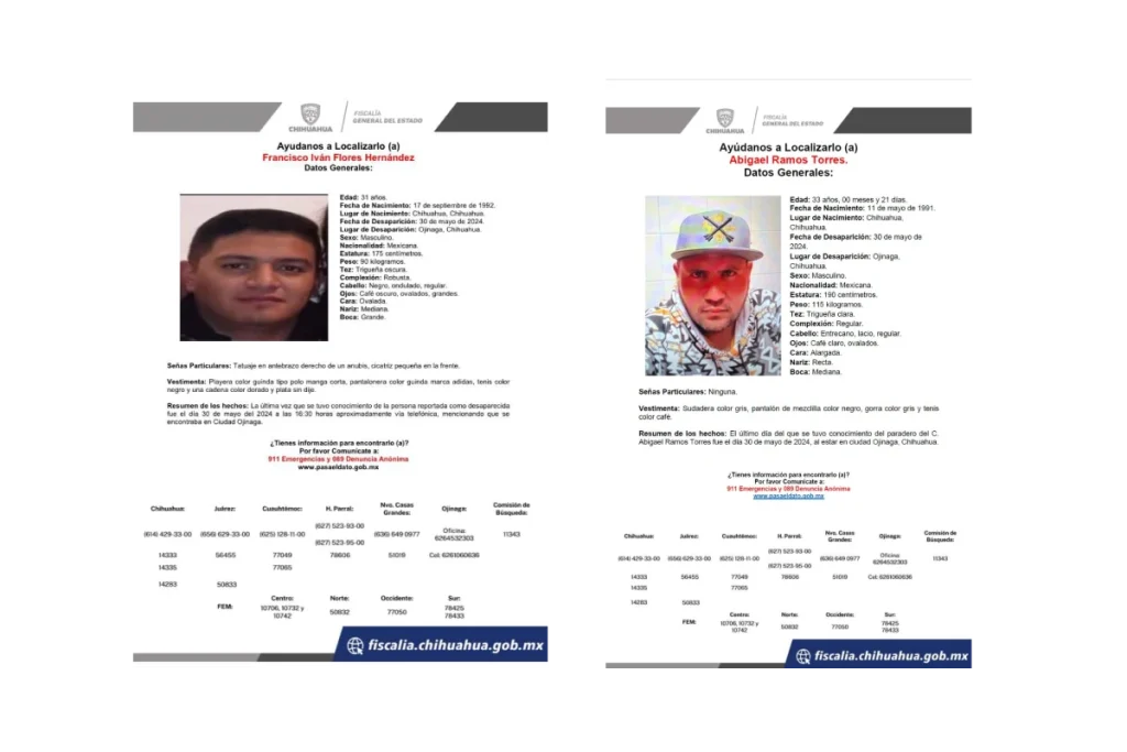 Ficha de búsqueda de conductores desaparecidos en Ojinaga, Chihuahua. Foto: Fiscalía de Chihuahua.