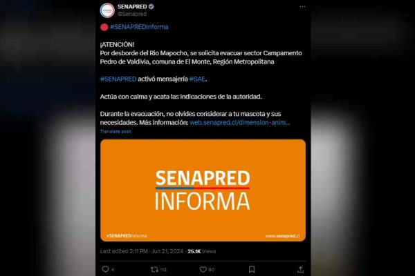 Senapred informa sobre desborde del río Mapocho. Foto: X @Senapred