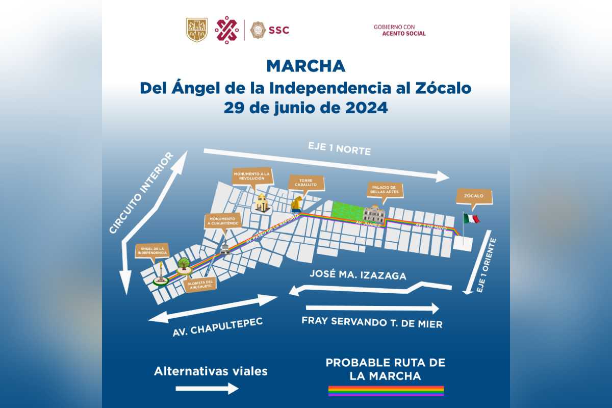 Ruta de la Marcha del Orgullo LGBT+ 2024 en CDMX. Foto: SSC