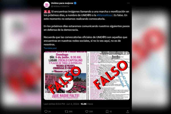 UNID@S aclara rumor sobre supuestas convocatorias en el país para marchar el 9 de junio. Foto: X @redesunidosmx